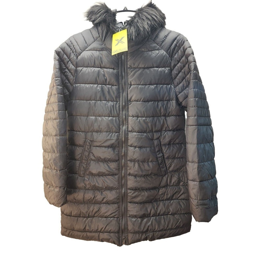 Excelled Hooded Long Puffer Coat Womens Size Large Faux Fur Black